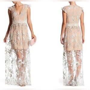 Wayf Nude v neck maxi dress with embroidered tulle dress